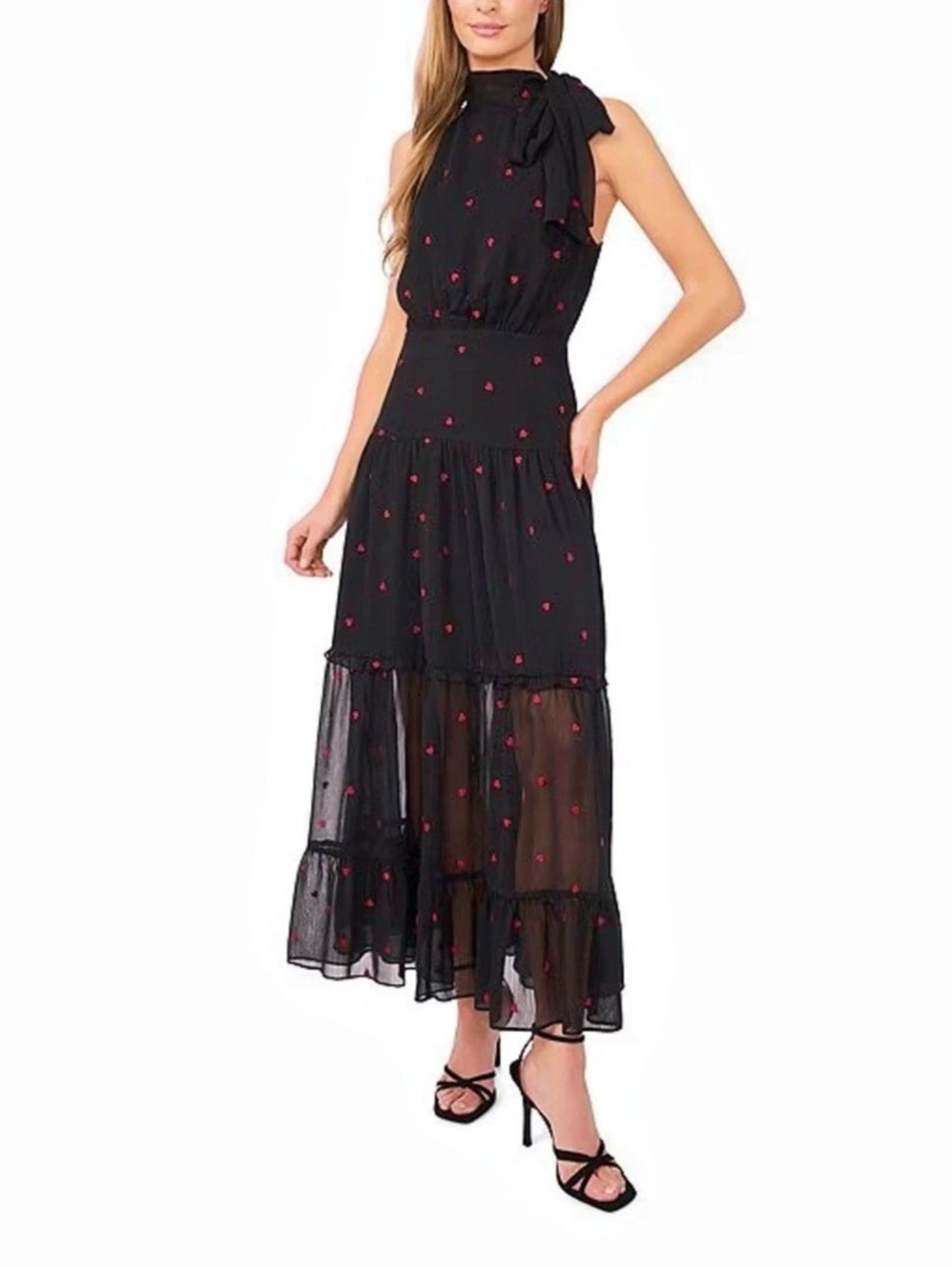 CeCe Halter Tie Neck Tiered Maxi Dress Black & Pink Medium